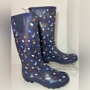 New Serra Ladies Tall Rain Boots Raining Cats & Dogs Pattern Rubber Size 9 NWOT